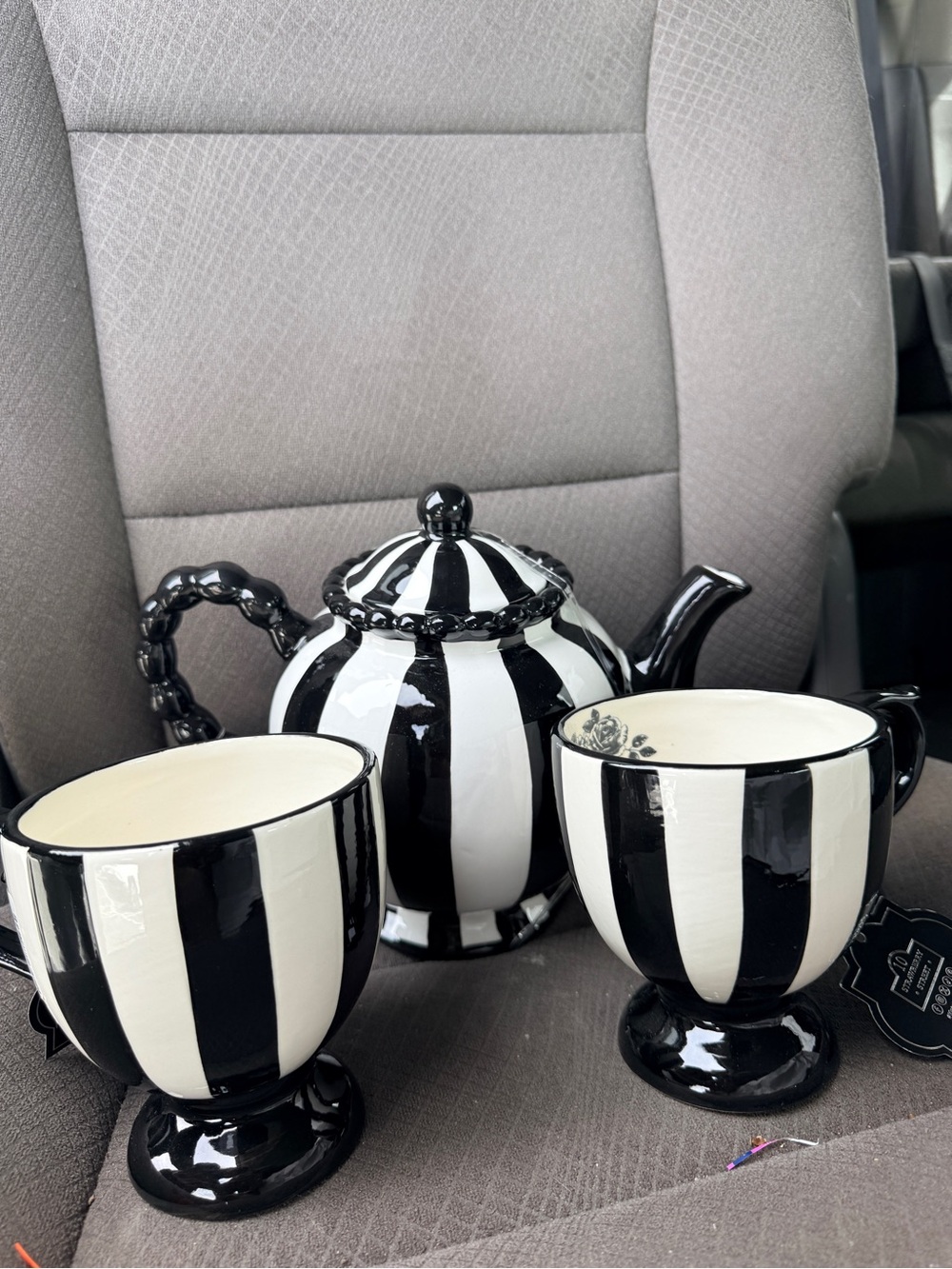 Black White Stripe Ceramic Teapot and mugs set – Rare HTF